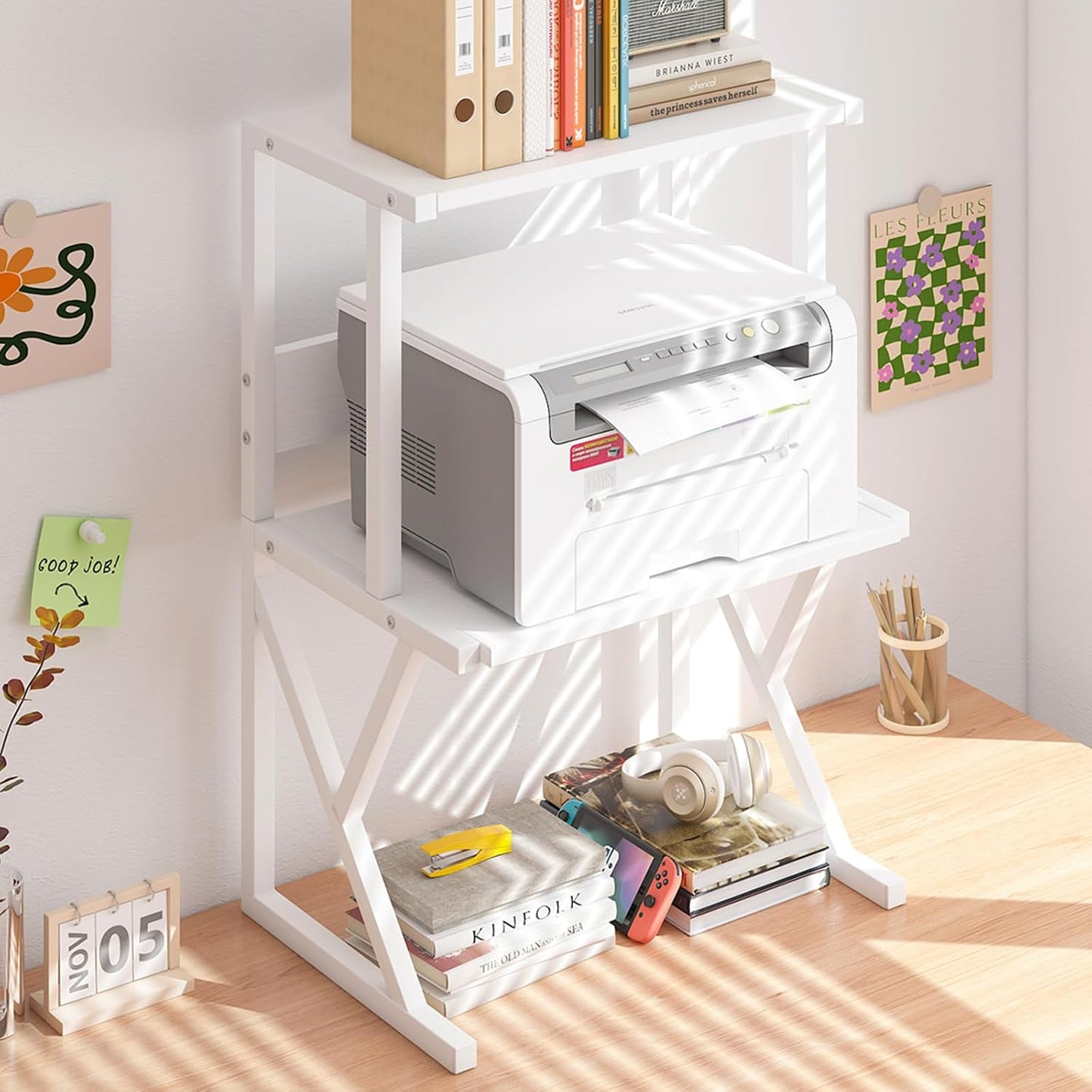 aboxoo Desktop Printer Stand with 3 Tier Wood Storage Shelves