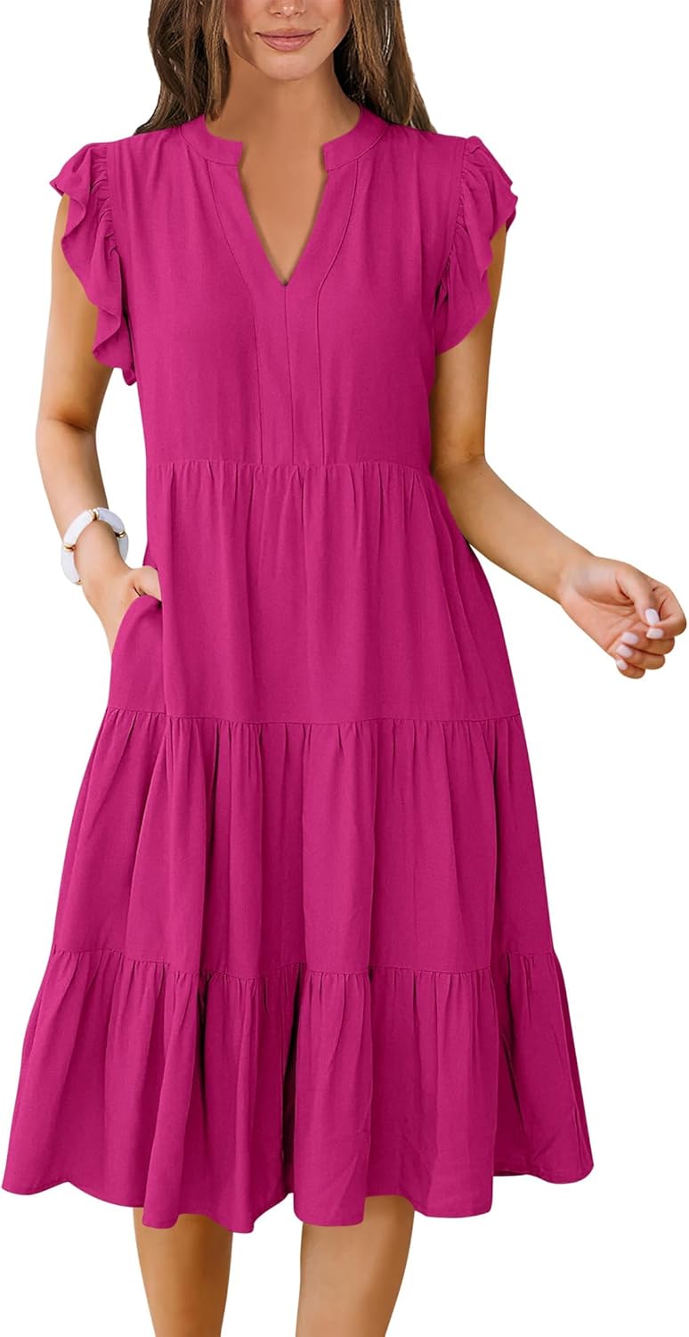 Womens Summer Ruffle Sleeve V Neck Midi Dress for Beach Fun