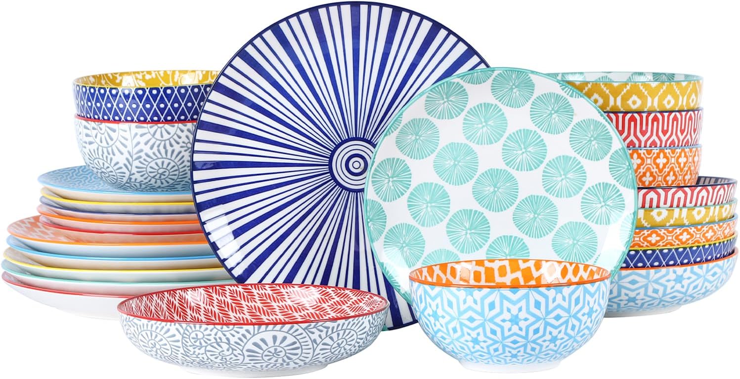 Selamica Ceramic Dinnerware Set for 6 - 24 Piece Plates & Bowls