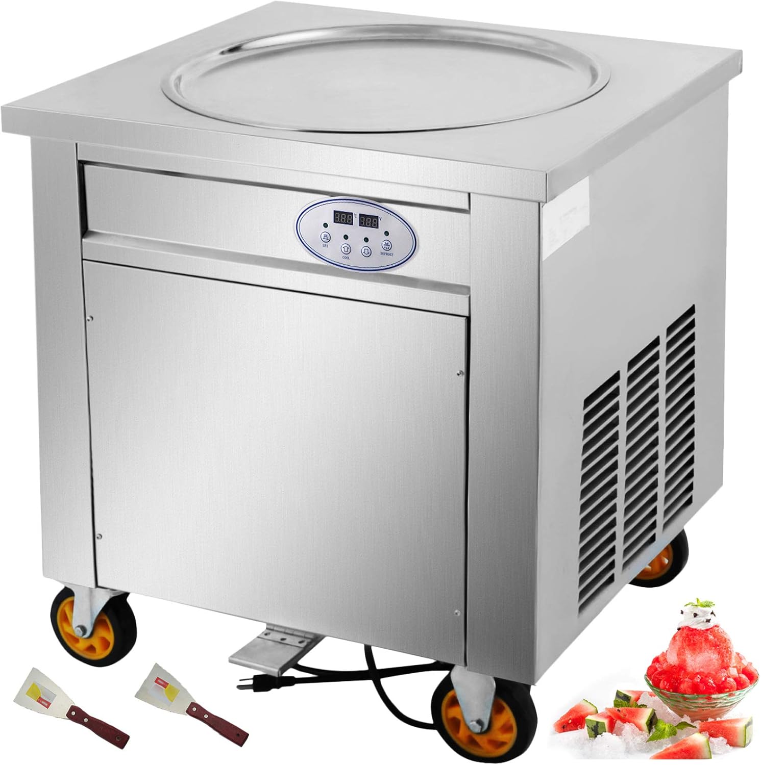 1800W Ice Roll Maker: 19.7-Inch Pan, 2 Defrost Methods