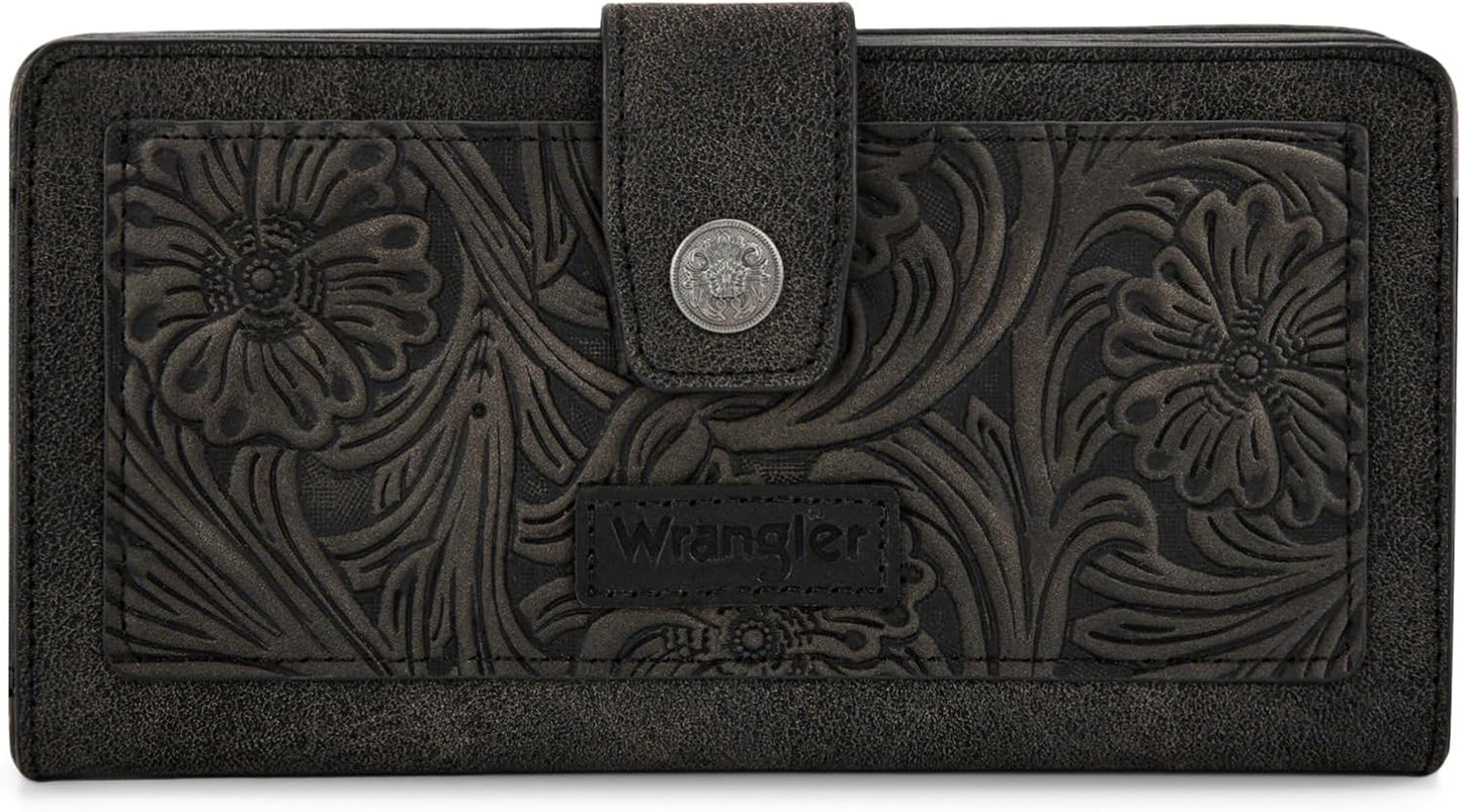 Montana West Wrangler Black Tooling Flower Wallet for Women