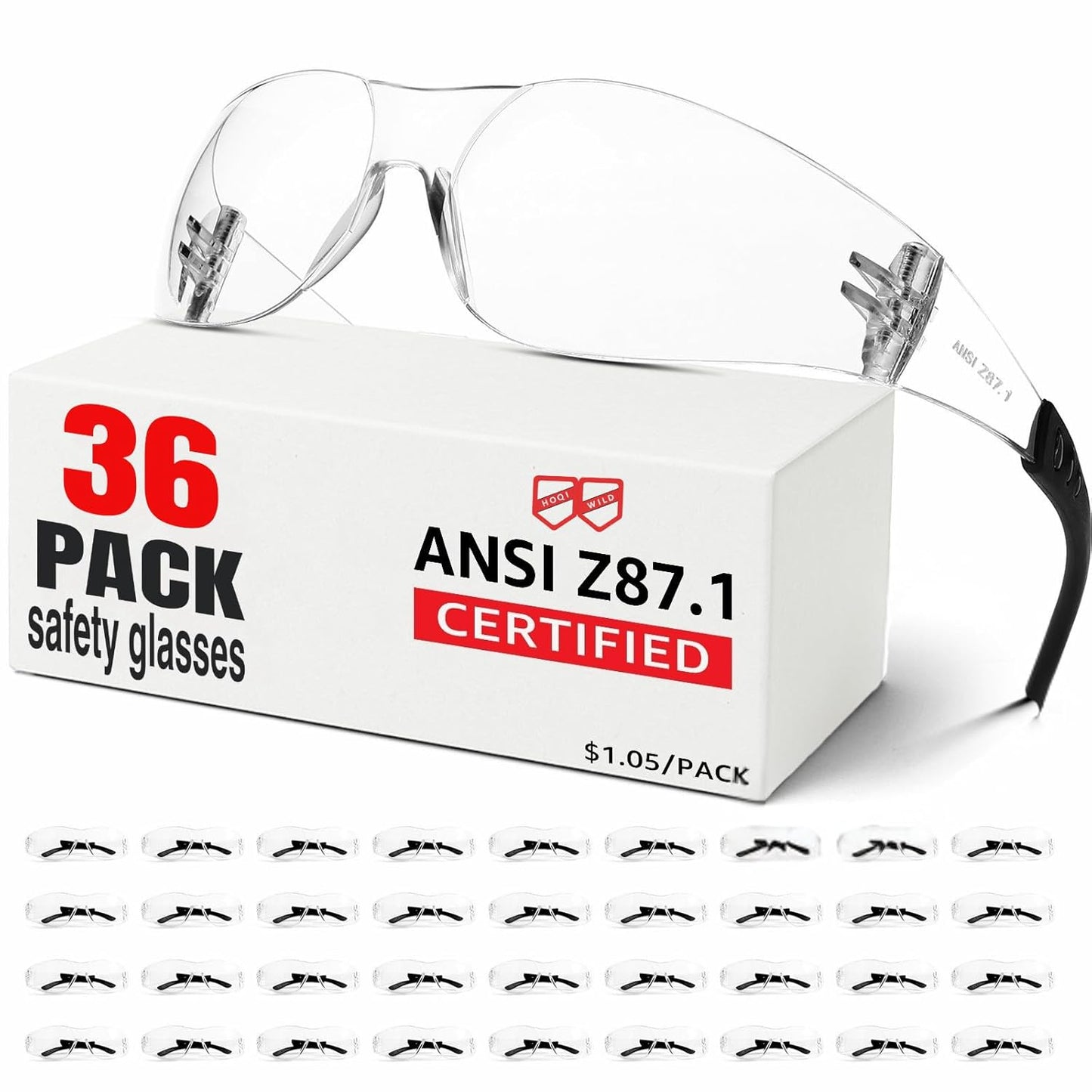 ANSI Z87.1 Clear Safety Glasses Bulk 36 Pack for Protection