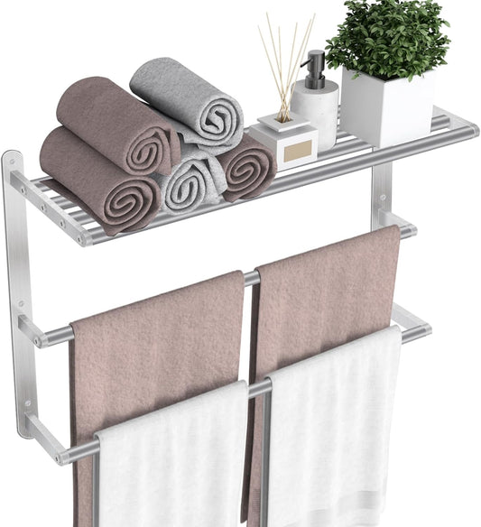 24 in Towel Shelf with Double Towel Bar for Bathroom Storage