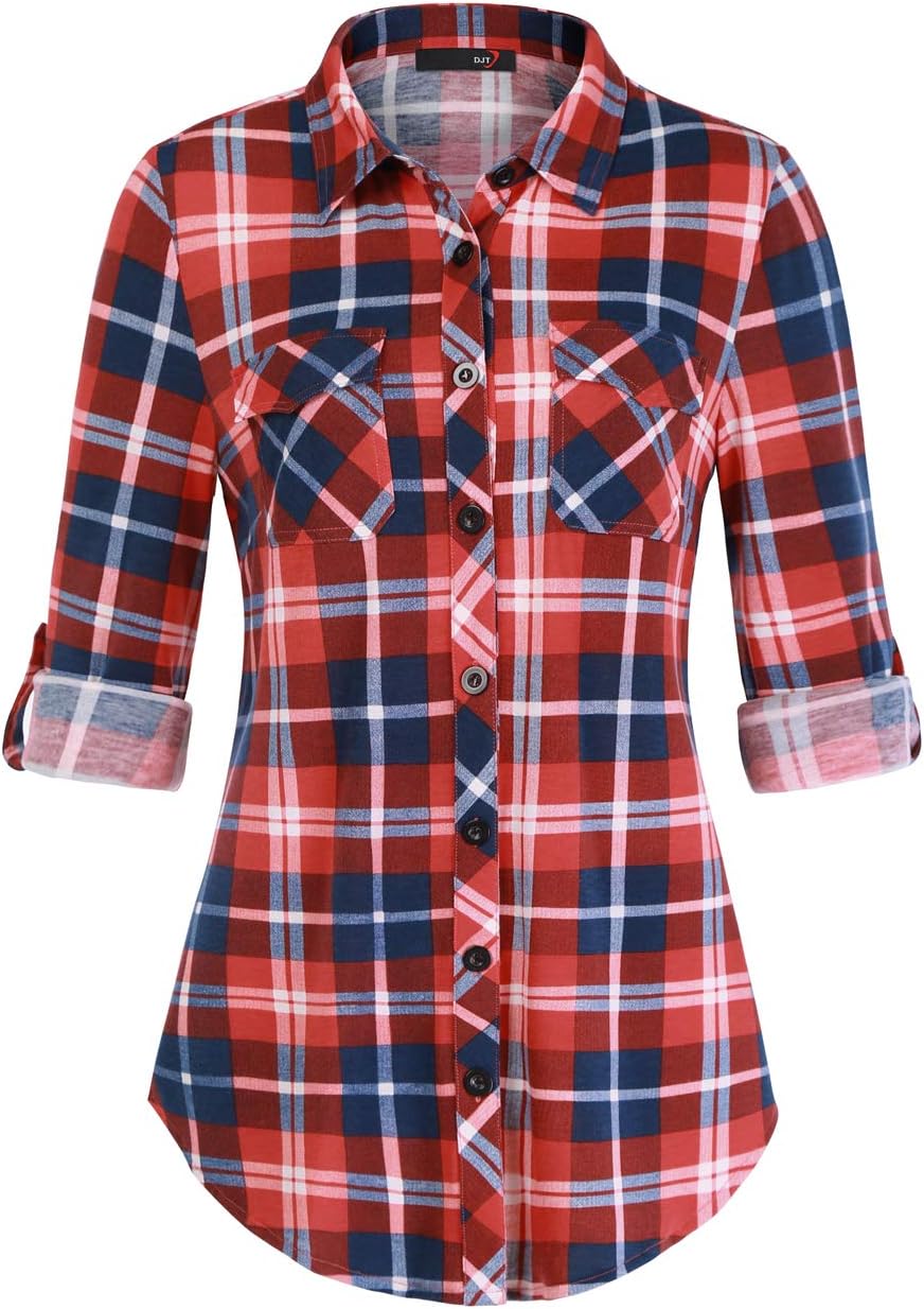 DJT Womens Soft Stretchy Knit Plaid Shirts for Every Occasion