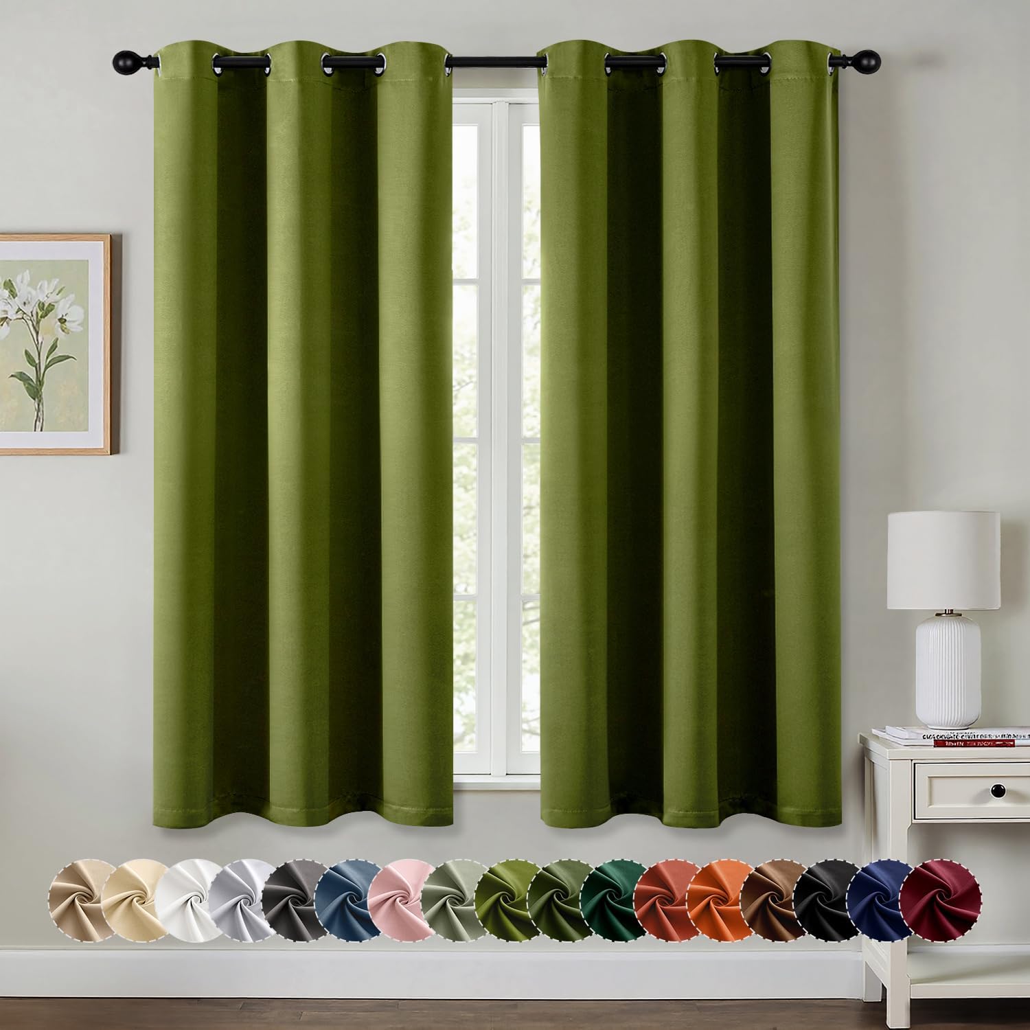 MIULEE Light Olive Green Blackout Curtains for Bedroom 63 in