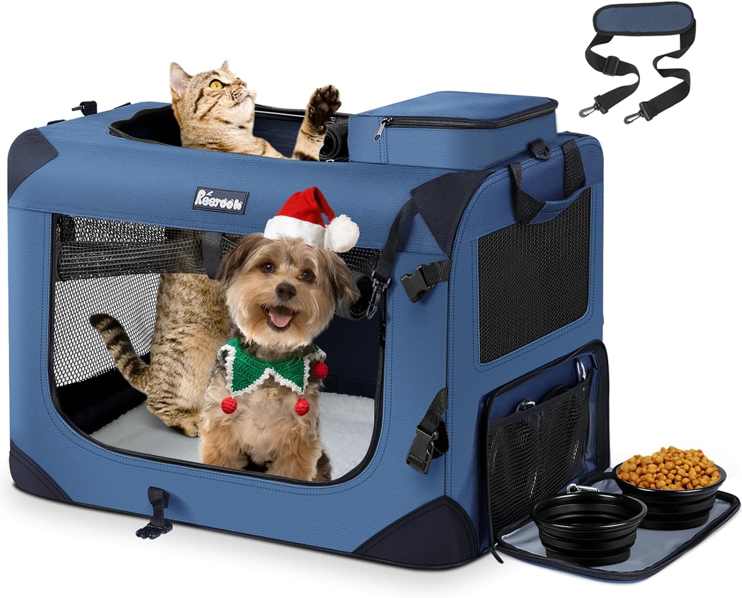 Large Cat Carrier with Collapsible Bowls for Travel Pets