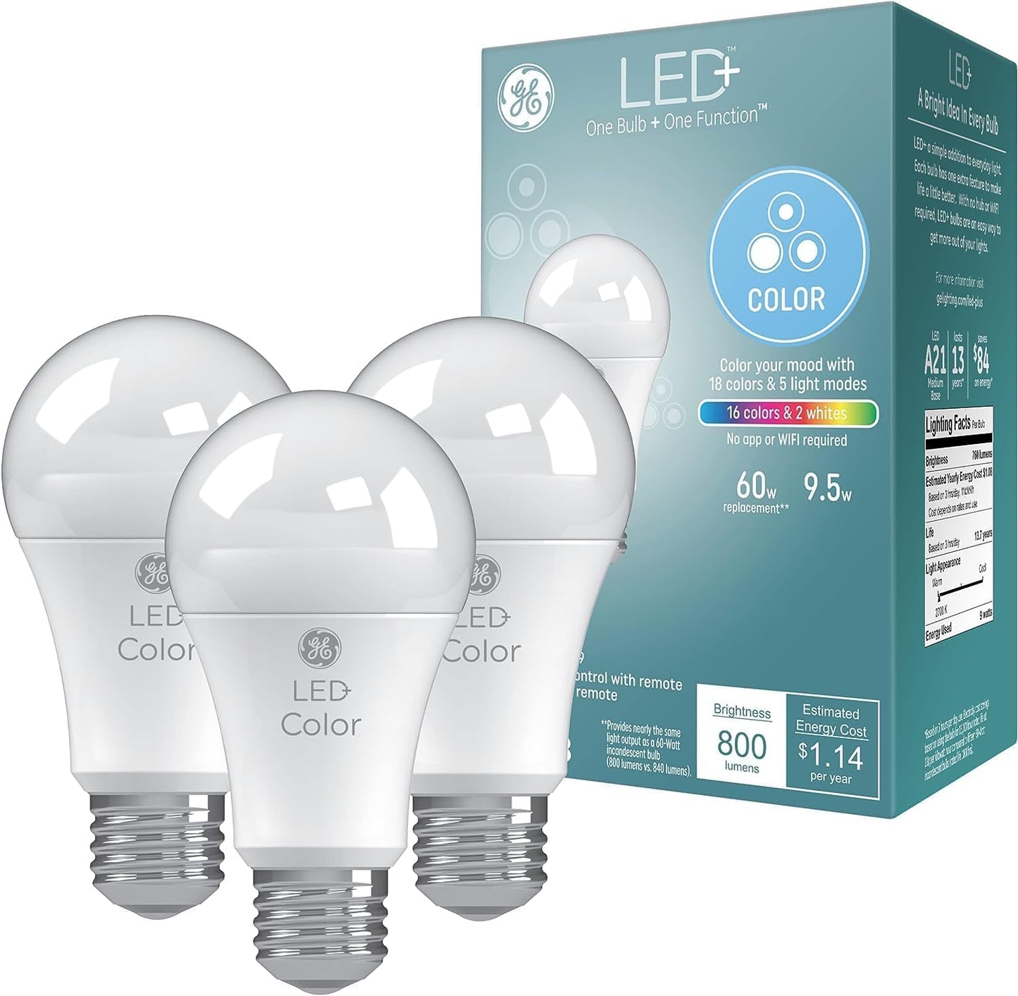 GE LED+ Color Changing Light Bulbs with Remote Control, 3 Pack
