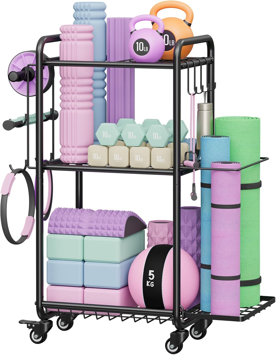 Weight Rack for Home Gym with Wheels and Hooks for Storage