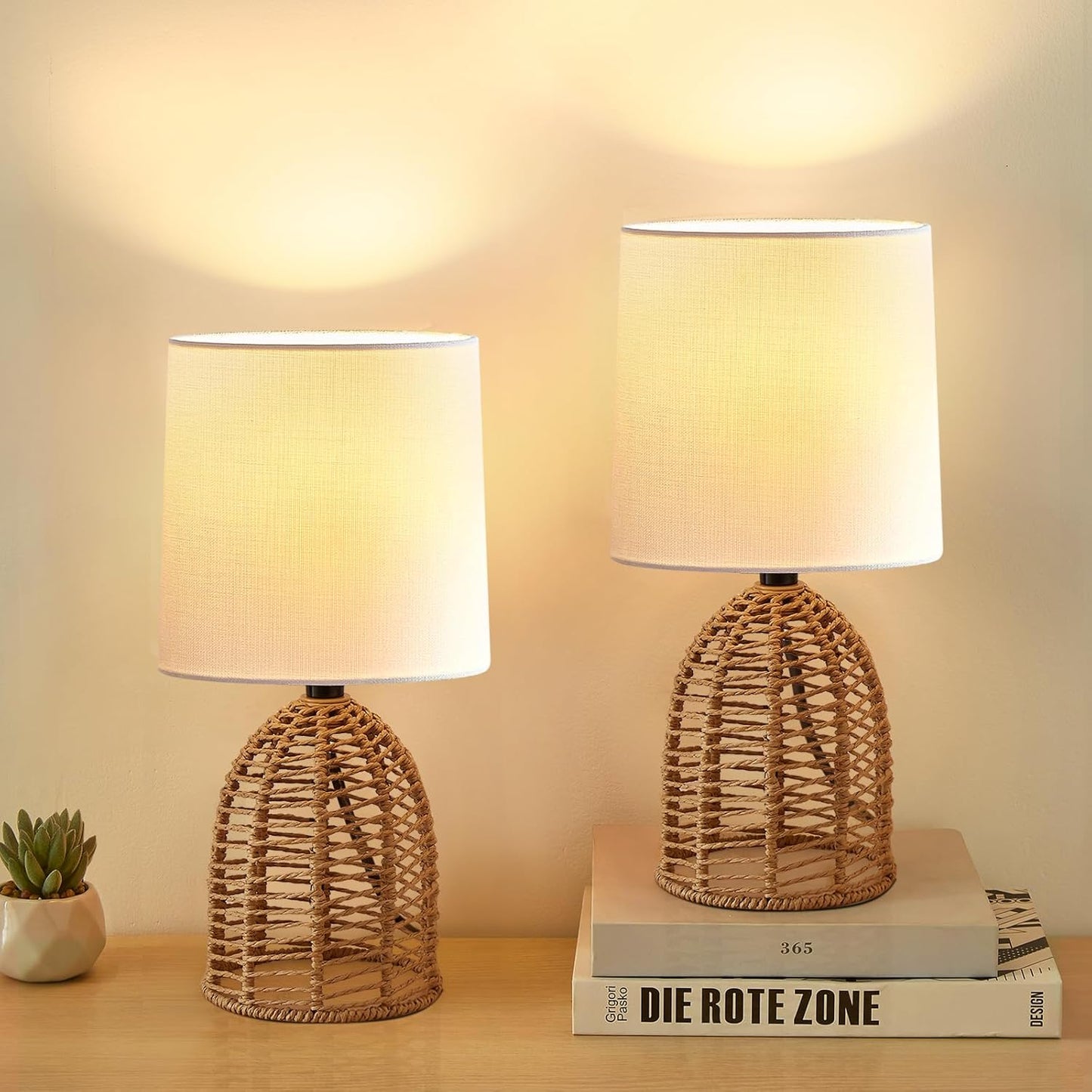 Rattan Lamp Set of 2 - 13.75in Mini Farmhouse Table Lamps
