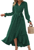 Long Sleeve Maxi Dress V Neck Swiss Dot Boho - Flowy Slit Style
