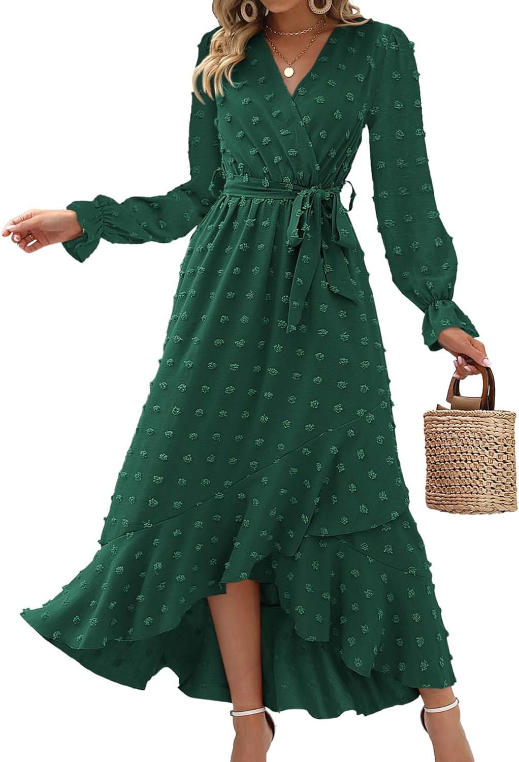BTFBM Long Sleeve Maxi Dresses for Women V Neck Swiss Dot Style