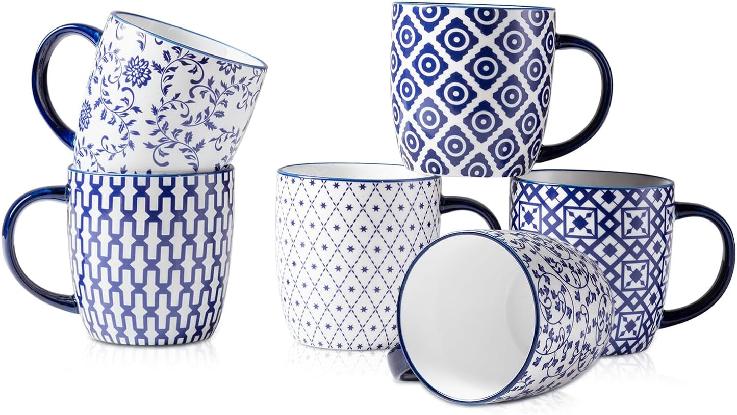 Ceramic Coffee Mugs Set of 6 - Vintage Blue Porcelain Cups