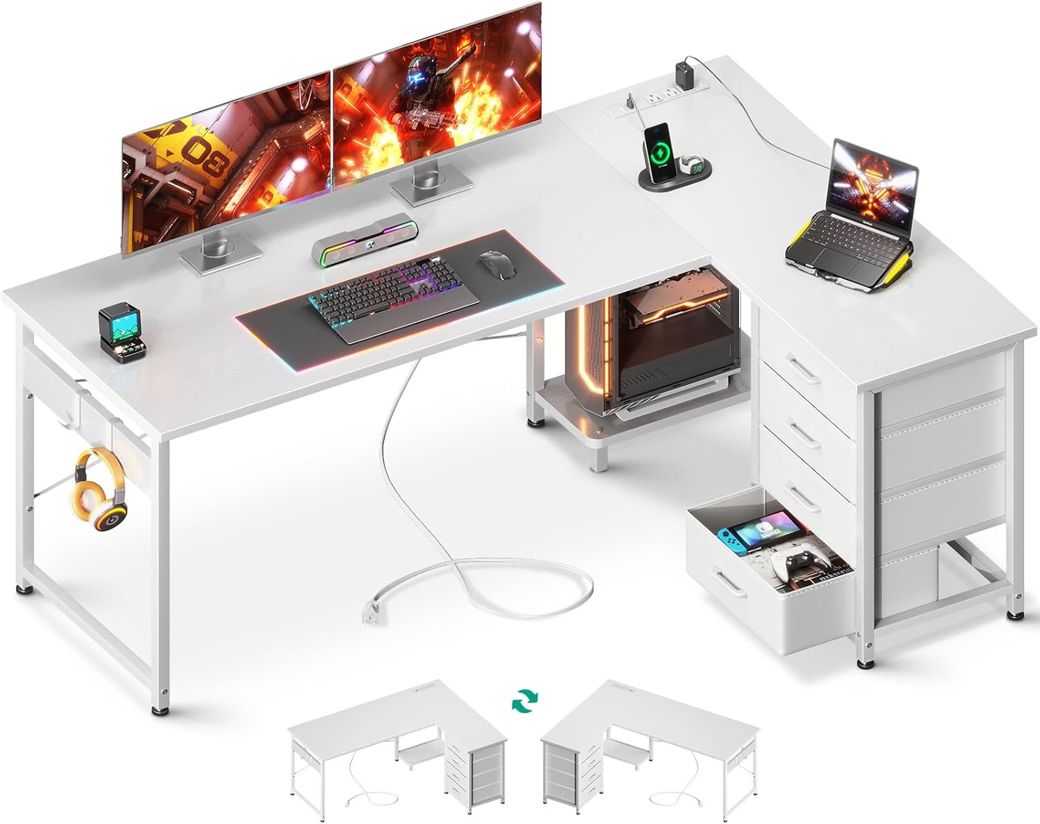 L Shaped Desk with 4 Tier Drawers and USB Charging Port