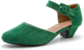 Women Suede Green Ankle Strap Closed Toe Low Chunky Heels