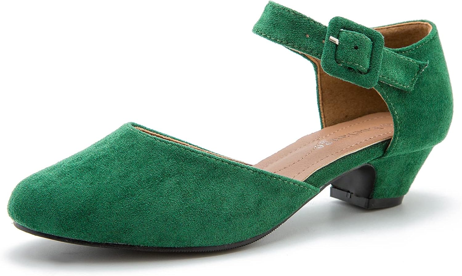 Enelauge Women's Ankle Strap Closed Toe Low Chunky Heel Pumps