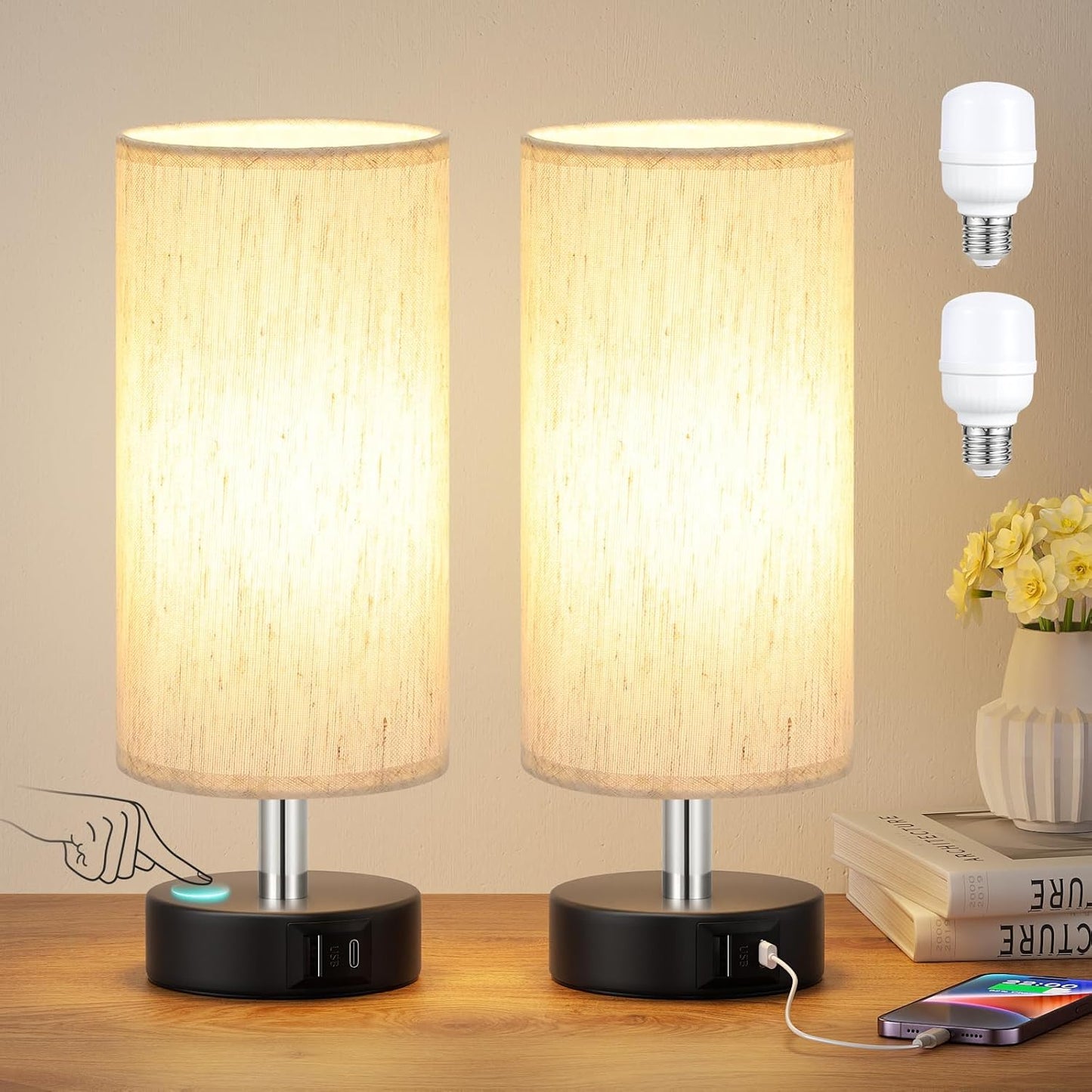 Small Touch Lamps Set of 2 - Minimalist Bedside Table Lamps