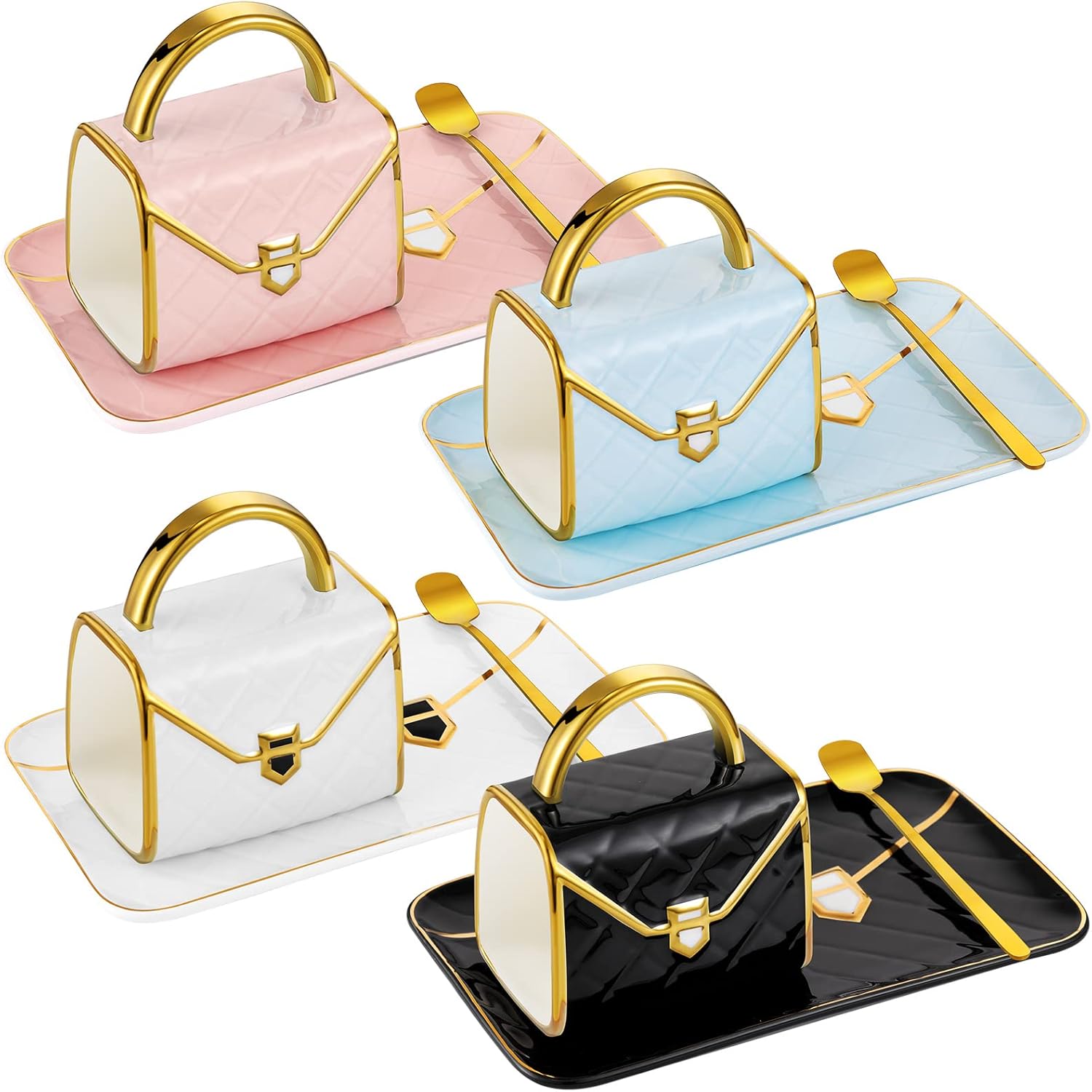 Handbag Shaped Ceramic Coffee Mug Set with Saucers and Spoons