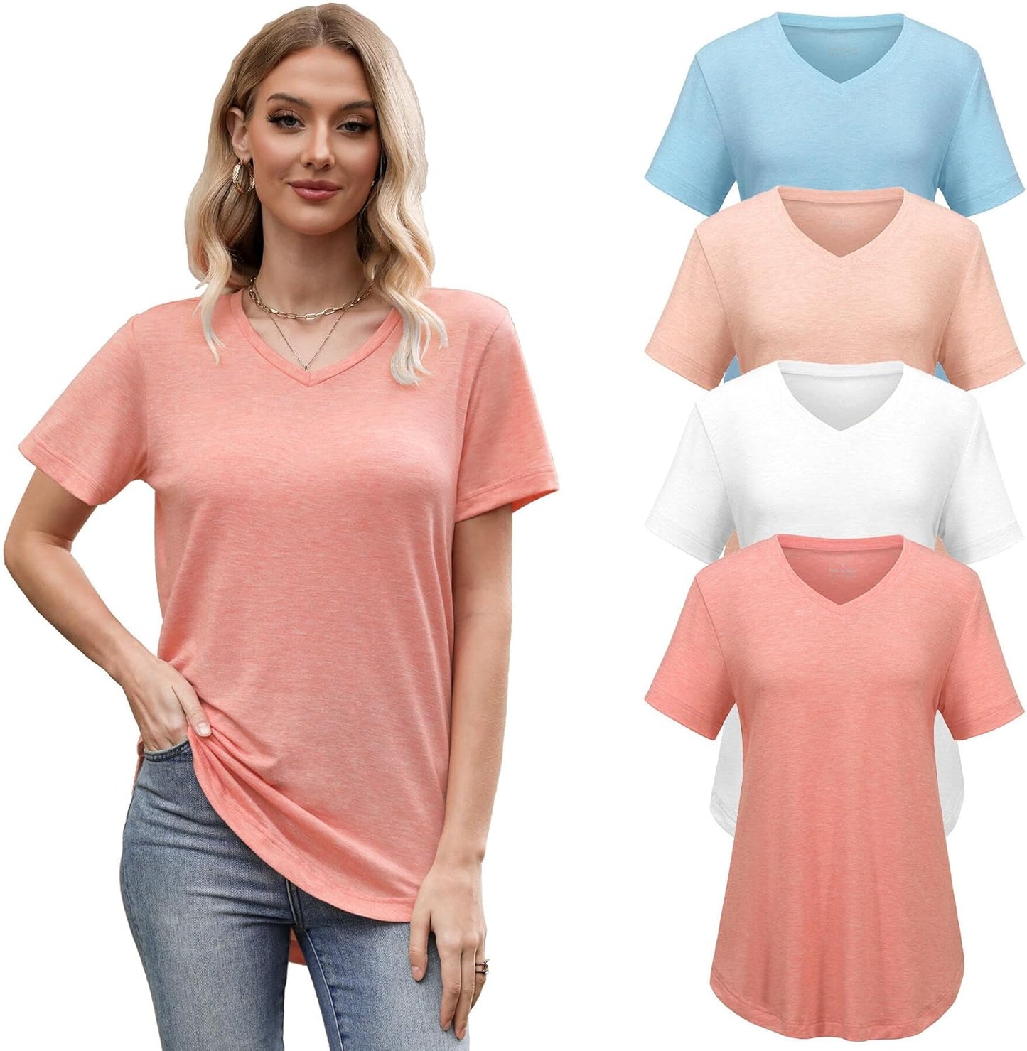 4 Pack Womens Tops Basic Summer V Neck T Shirts for Casual Wear