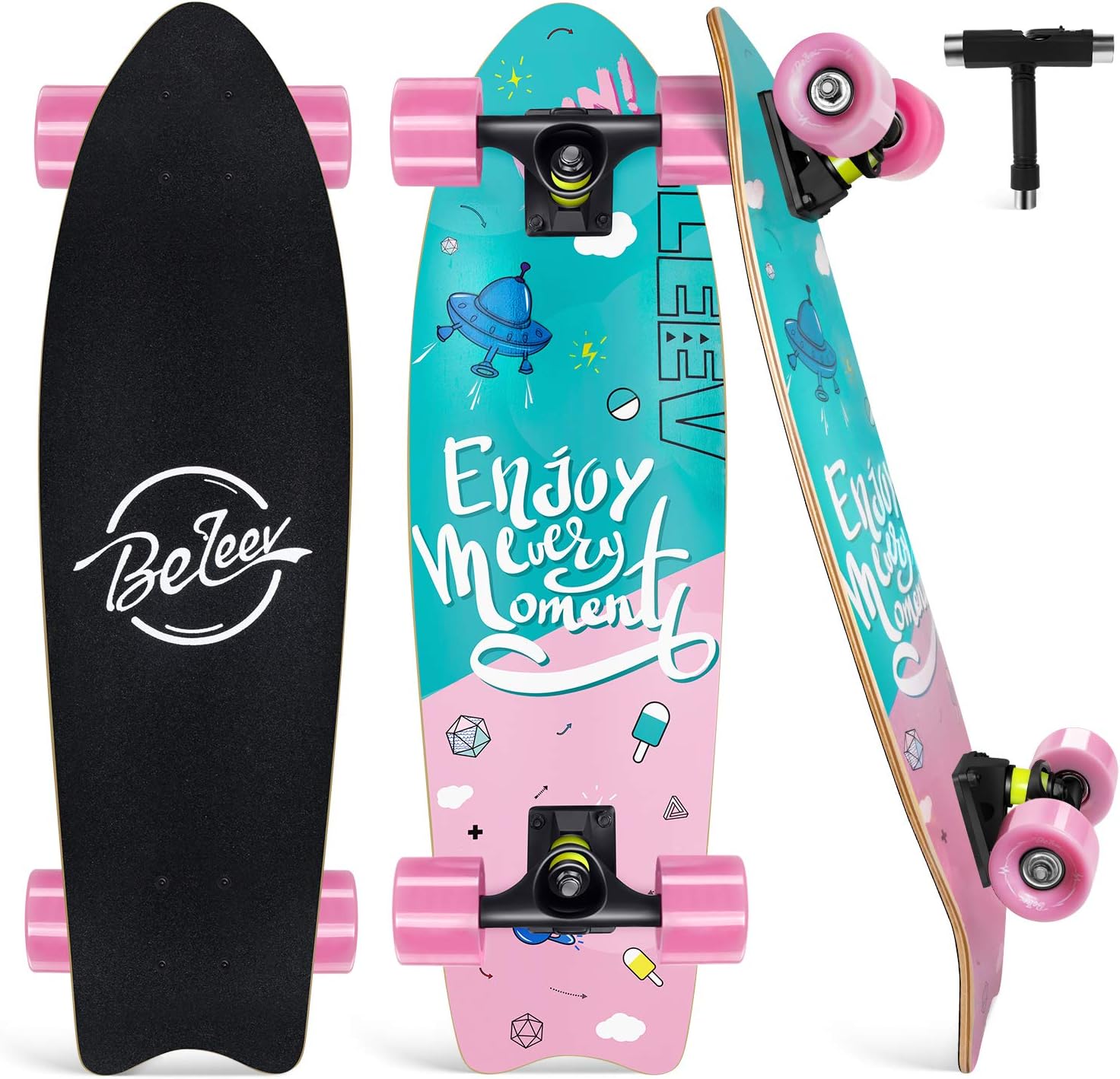 BELEEV Cruiser Skateboard for Beginners - 27 x 8 inch Board