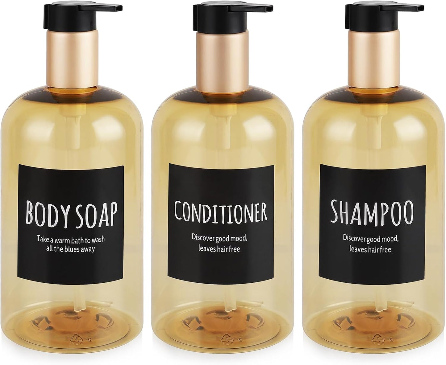 Set of 3 Amber Gold Shower Dispensers - Refillable 16.9oz Bottles