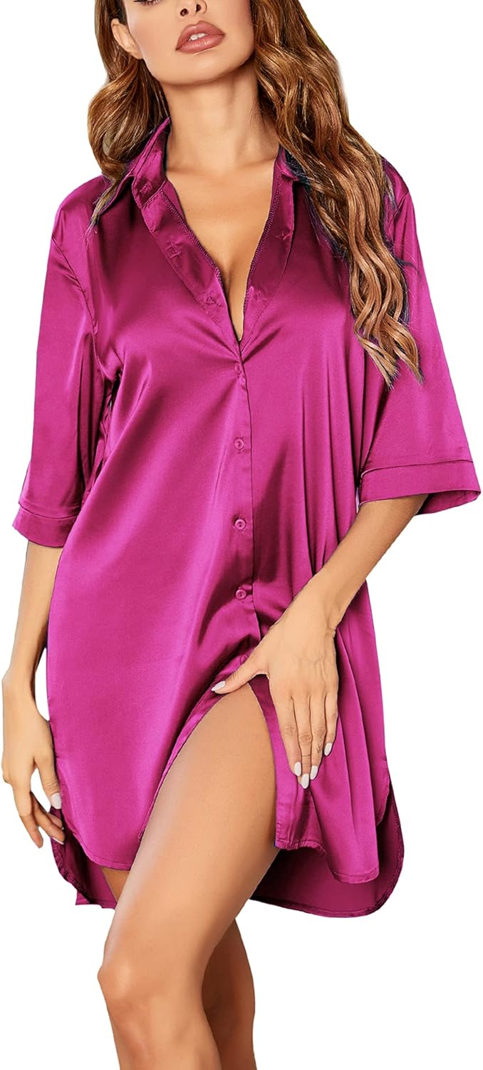 Ekouaer Women's Satin Nightshirt for Comfortable Sleepwear