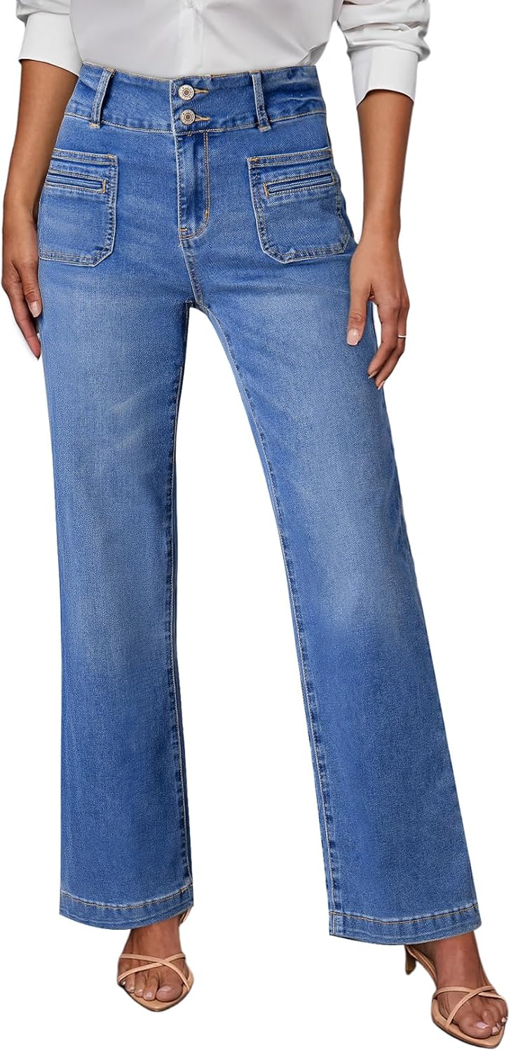 Sidefeel Women's Wide Leg Jeans with Tummy Control and Pockets