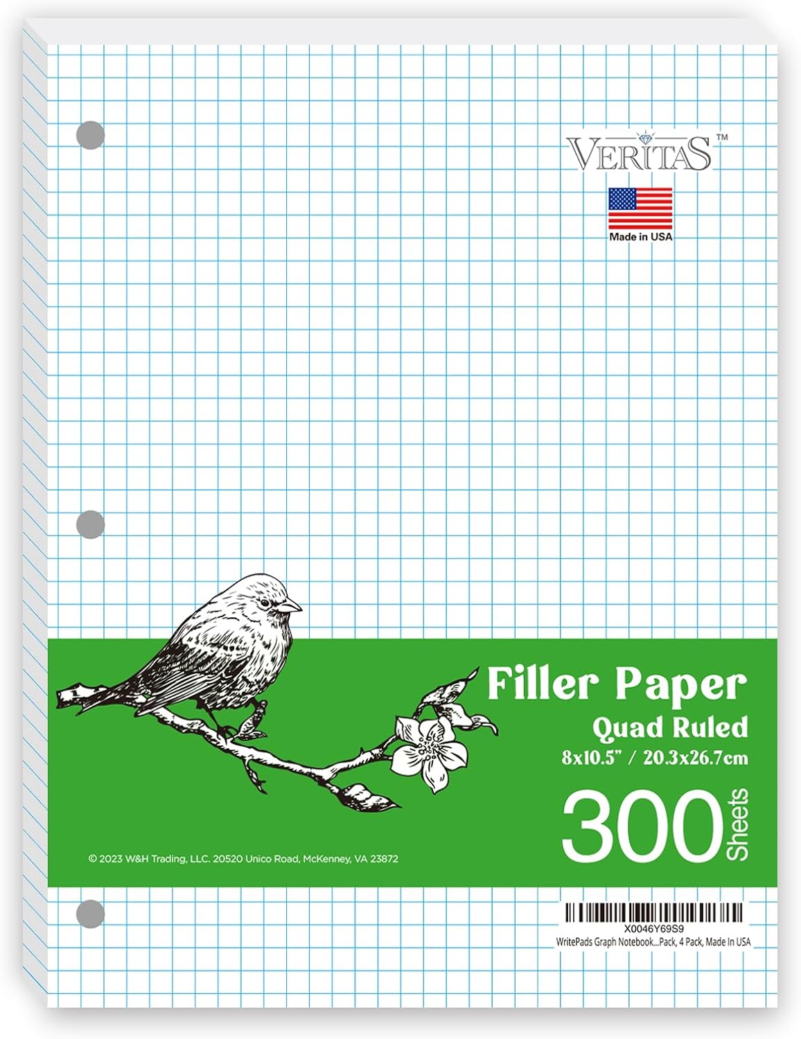 WritePads Graph Paper - 300 Sheets, 8x10-1/2, 4x4 Quad Ruled, 3-Hole Punched, Made in USA