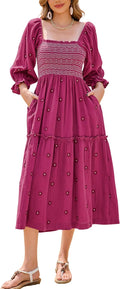 Women's Boho Midi Dress with Square Neck - Flowy Floral Midi