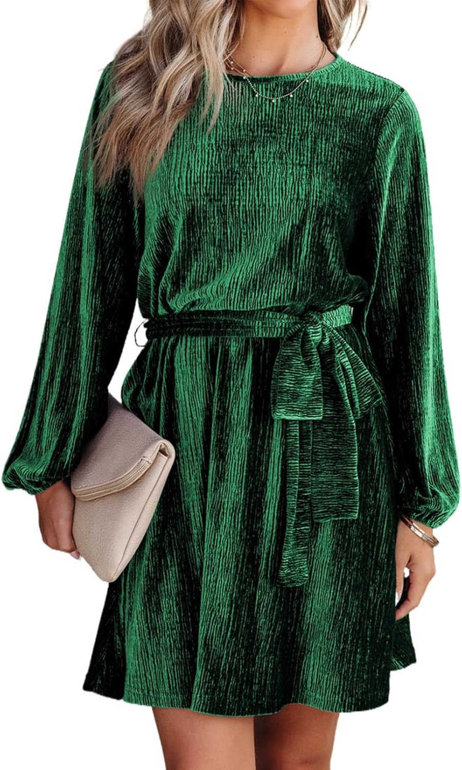 Stylish Velvet Dress for Women with Lantern Sleeves and Belt