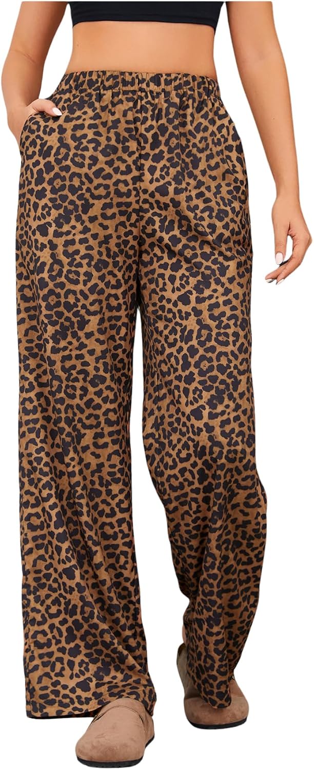 OYOANGLE Women's Leopard Print High Waist Wide Leg Pants