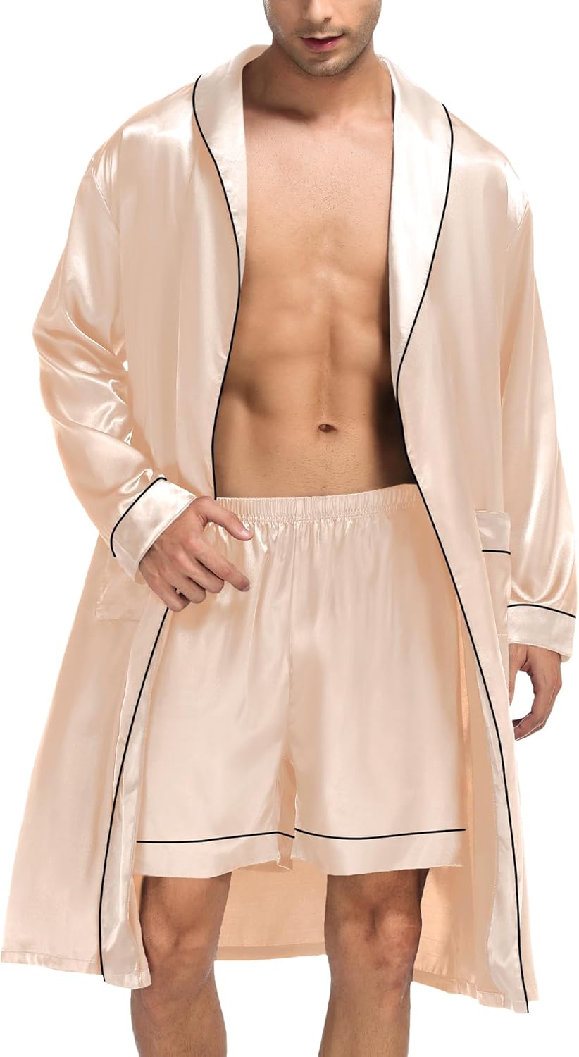 SWOMOG Men's Satin Robe Silky Kimono Bathrobe with Shorts Set