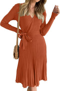 ZESICA Women's Fall Wrap V Neck Ribbed Knit Pleated Sweater Dress