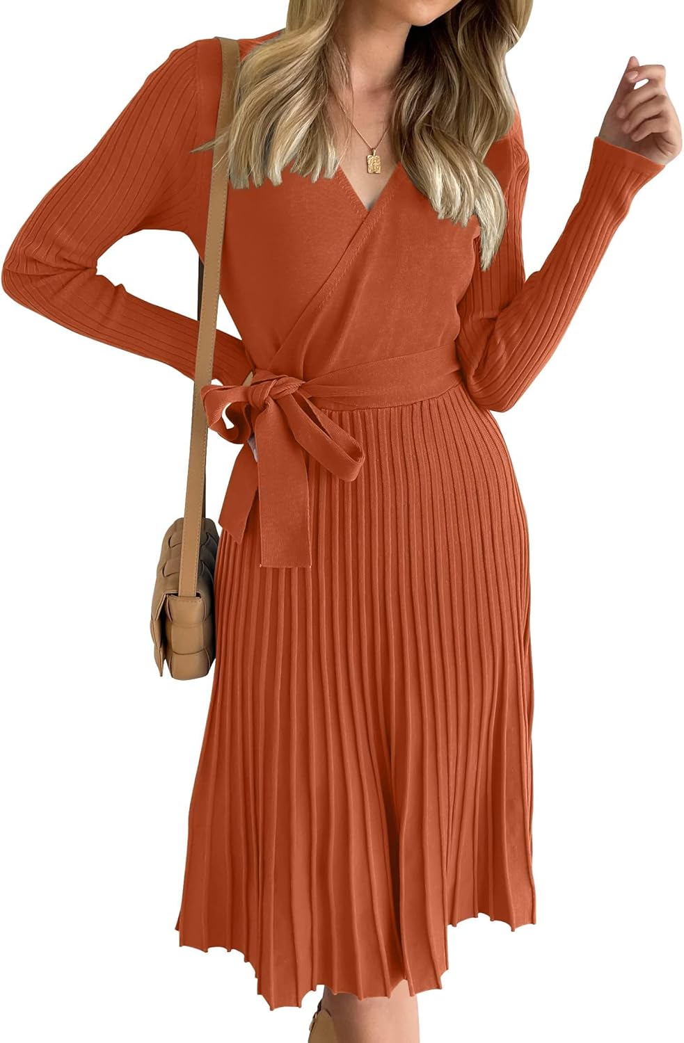 ZESICA Women's Fall Long Sleeve Wrap V Neck Sweater Dress