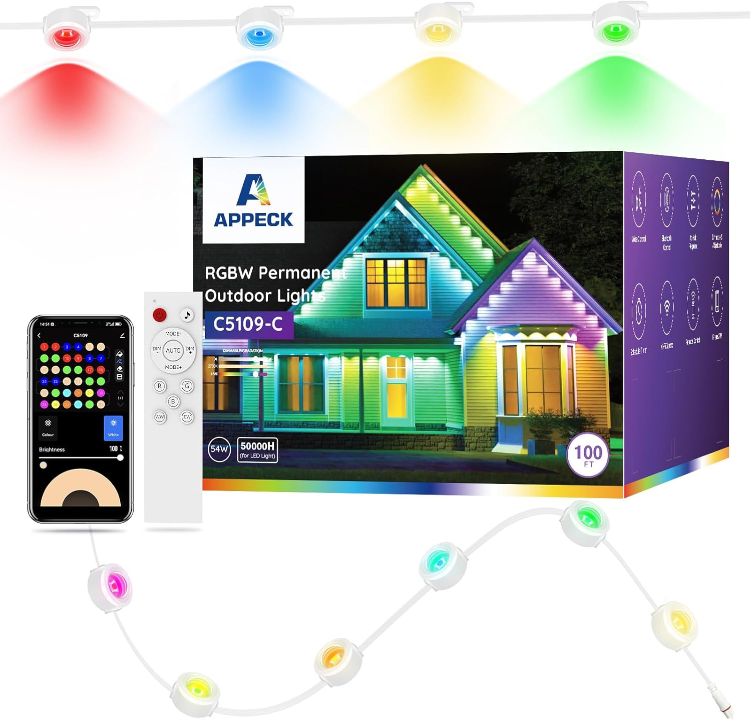 Permanent Outdoor Lights 100ft with 72 LEDs for Holidays