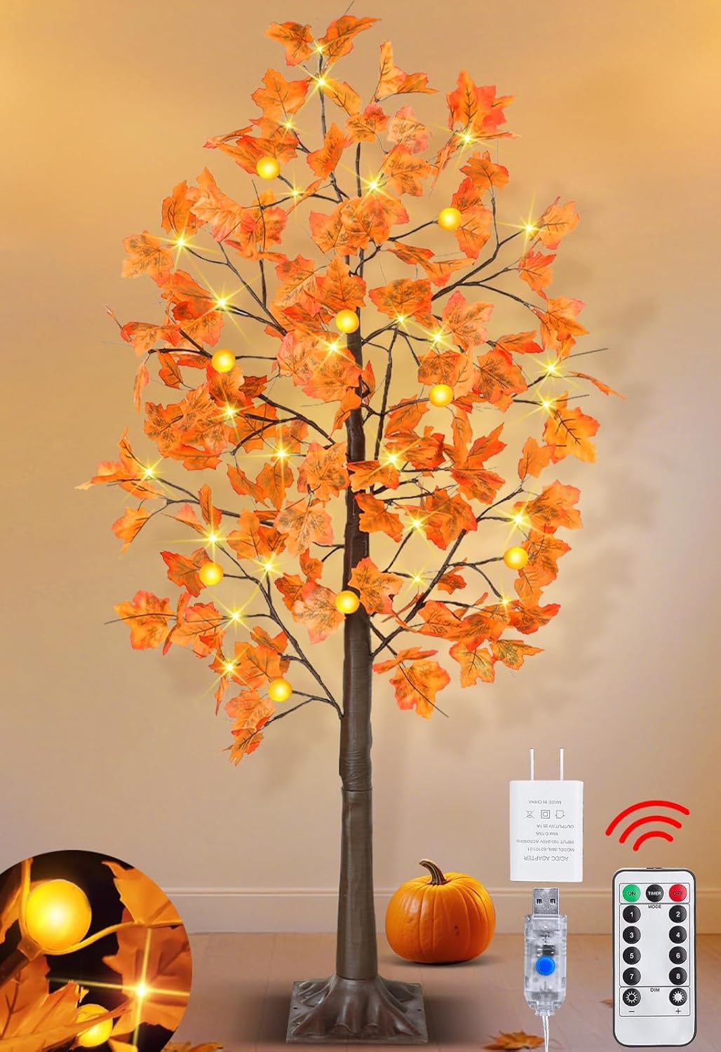 5 Ft Lighted Prelit Maple Tree with Pumpkin Lights for Fall Decor
