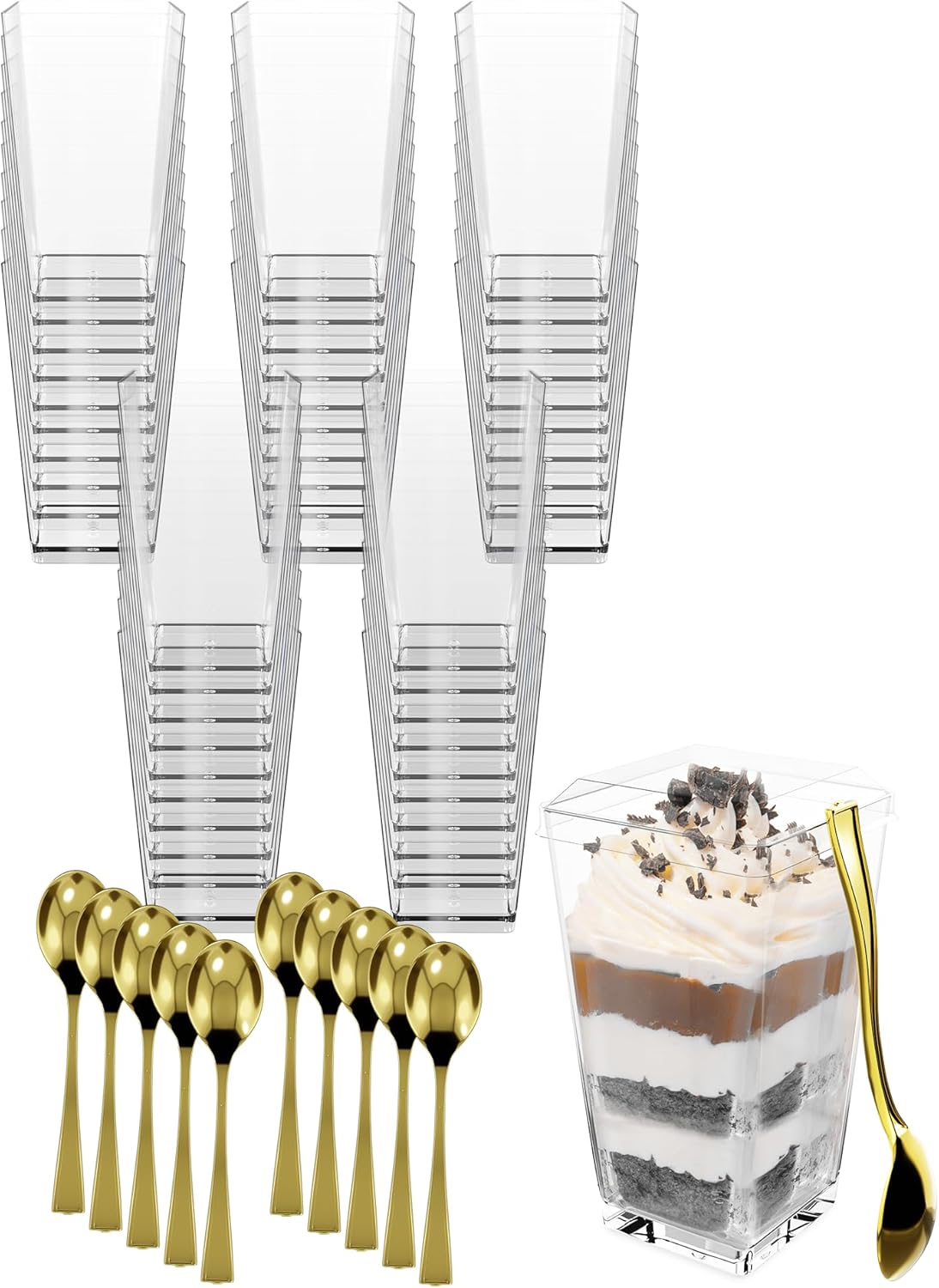 100 Pack 3 oz Mini Dessert Cups with Lids and Gold Spoons