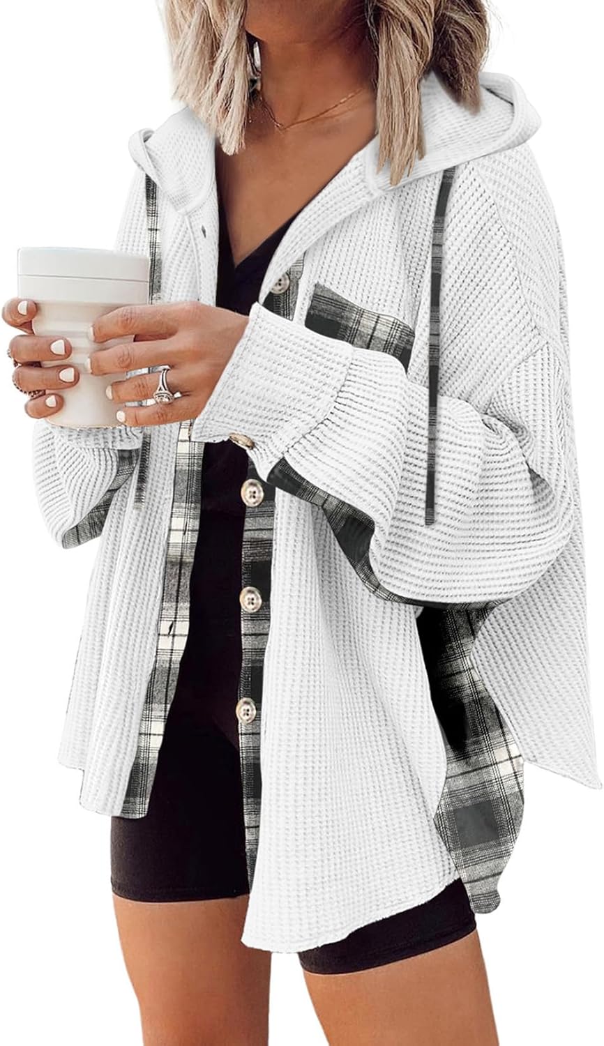 SHEWIN Womens Waffle Knit Plaid Shacket for Stylish Comfort