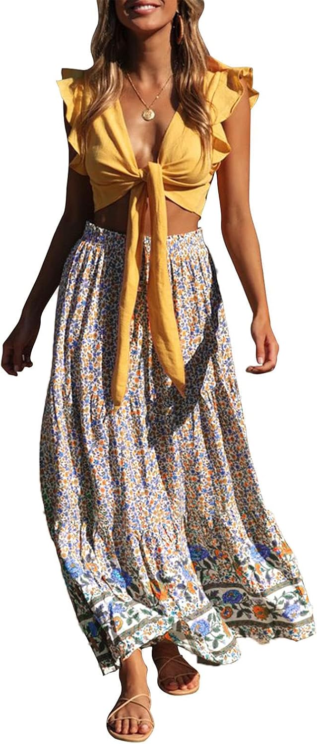 ZESICA Women's Bohemian Floral Printed Elastic Waist Maxi Skirt