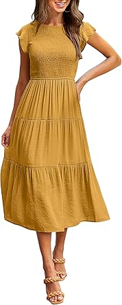 Stylish Flutter Short Sleeve Smocked Midi Dress for Summer Fun