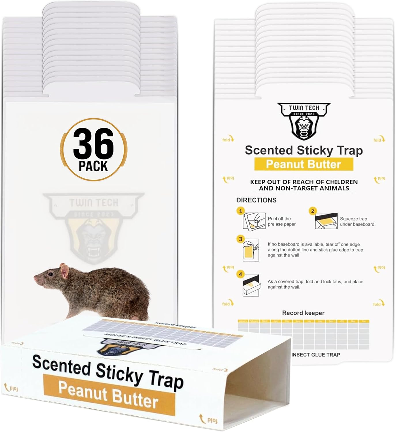 TwinTech Extra Strength Mouse Glue Traps - 36-Pack Peanut Butter Scented