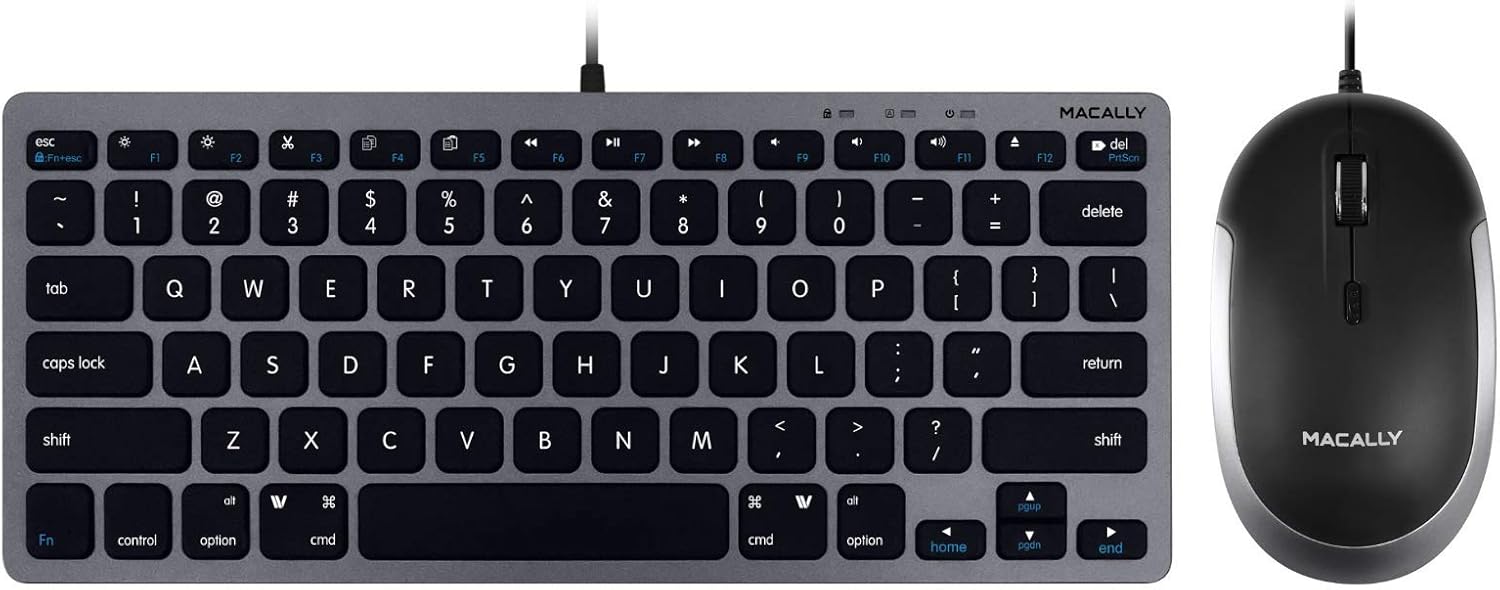 Macally Mini Wired Keyboard and Quiet Mouse for Productivity