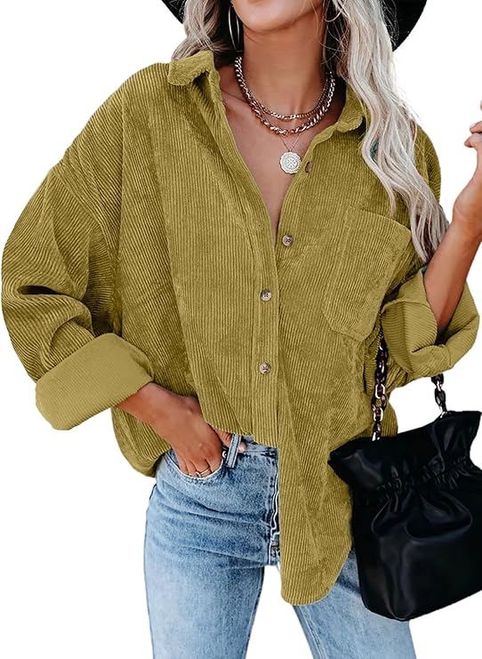 Astylish Women Corduroy Shirts Casual Long Sleeve Blouses Top