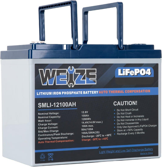 WEIZE 12V 100Ah LiFePO4 Battery with Self-Heating Function