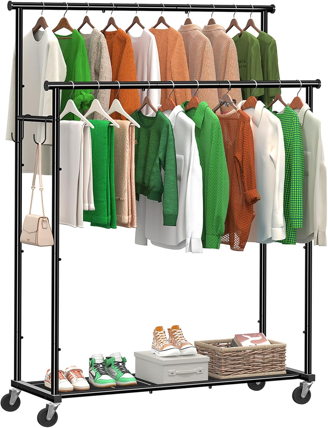 Double Rod Clothing Garment Rack on Wheels for Easy Storage