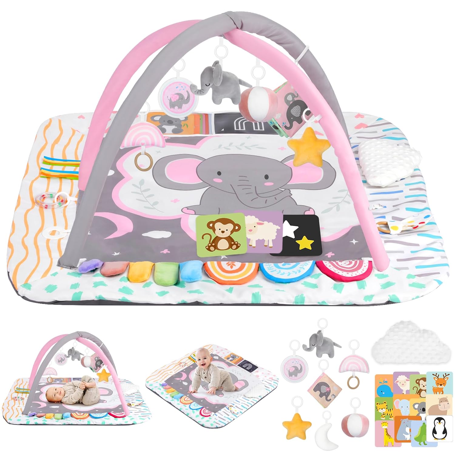 Baby Play Mat Activity Gym with Tummy Time Pillow for Growth