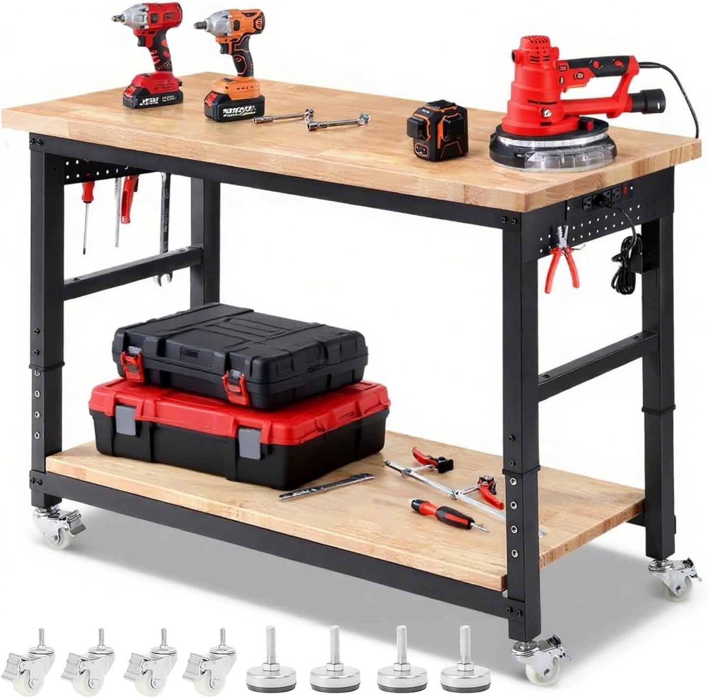 Workbench with Wheels 60 x 22 Heavy Duty Rubberwood Tabletop