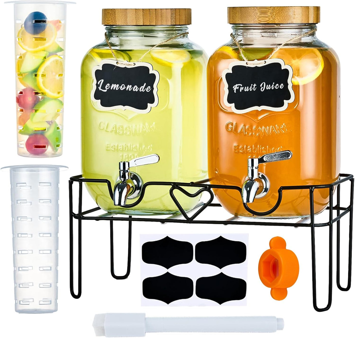 2 Pack 1 Gallon Glass Drink Dispensers with Bamboo Lids
