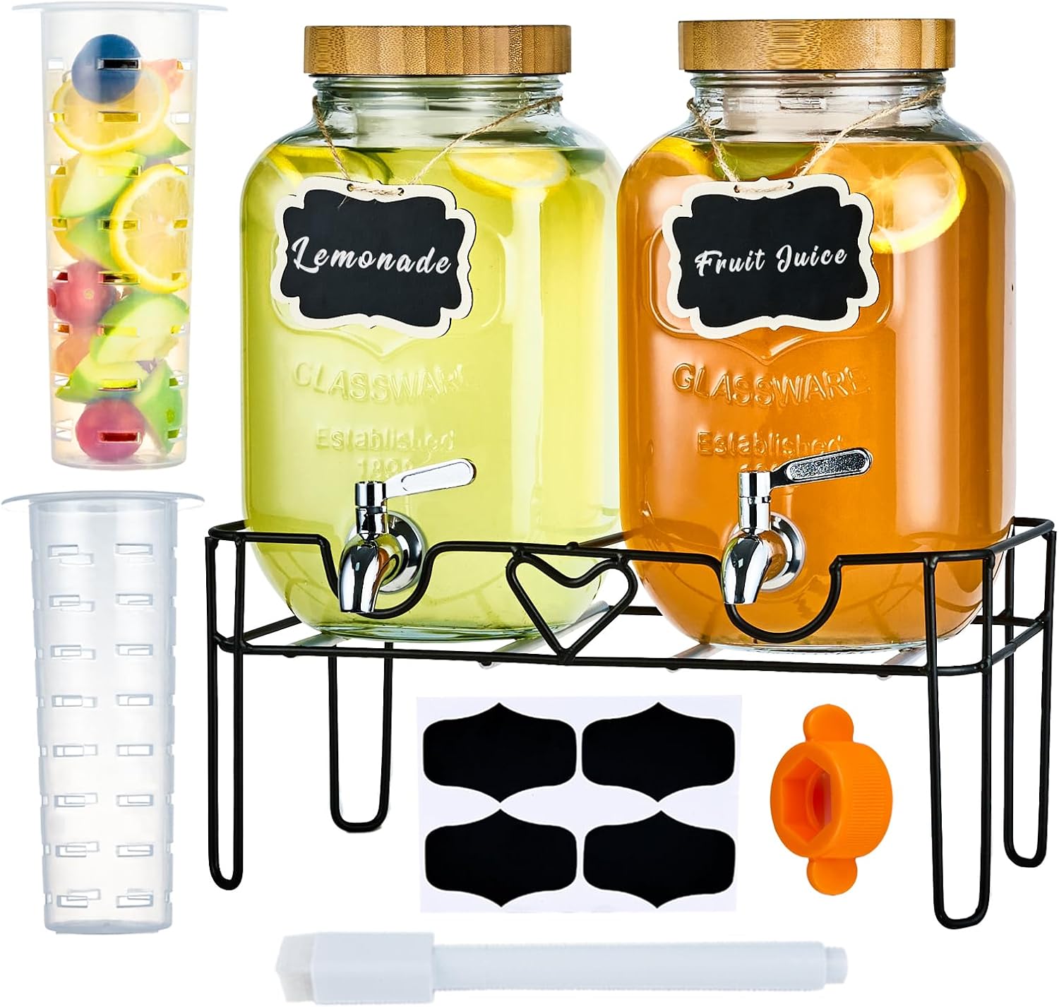 2 Pack 1 Gallon Glass Drink Dispensers with Bamboo Lids