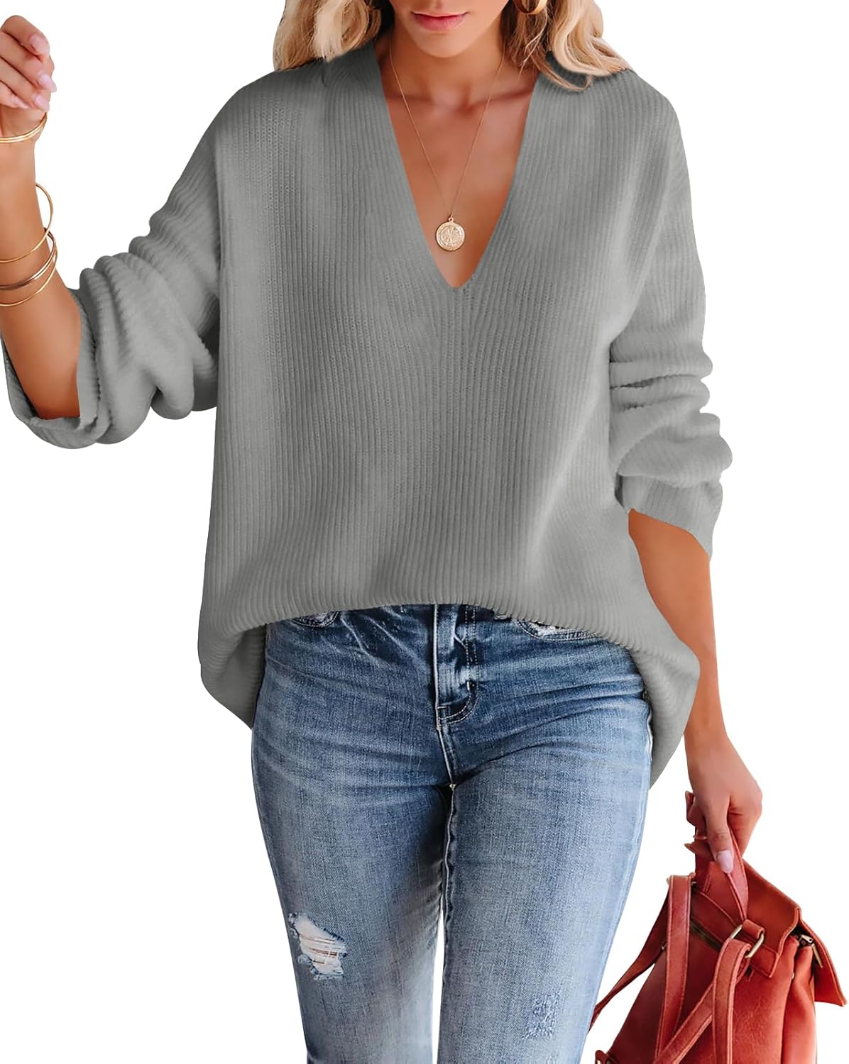 Imily Bela Womens Oversized Deep V Neck Sweater for Style