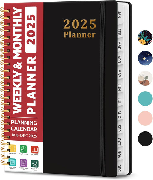 A5 Black 2025 Planner - Weekly & Monthly Spiral Calendar - Organize with Style!